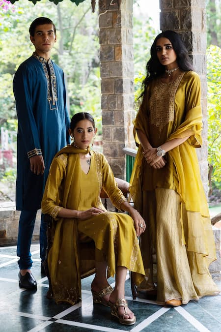 Deep Thee_Yellow Silk, Organza Floral Round Yoke Embroidered Kurta Sharara Set_at_Aza_Fashions