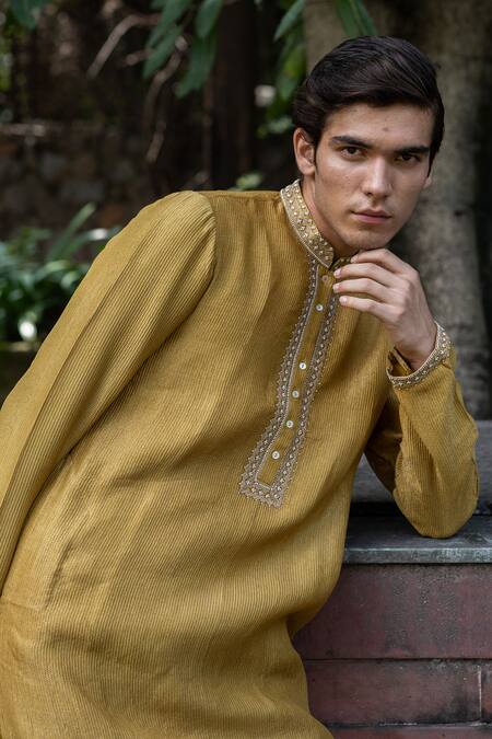 Shop Deep Thee Yellow Chanderi, Handwoven Floral Hand Kurta And Churidar Set Online at Aza Fashions Shop_Deep Thee_Yellow Chanderi, Handwoven Floral Hand Kurta And Churidar Set _Online_at_Aza_Fashions