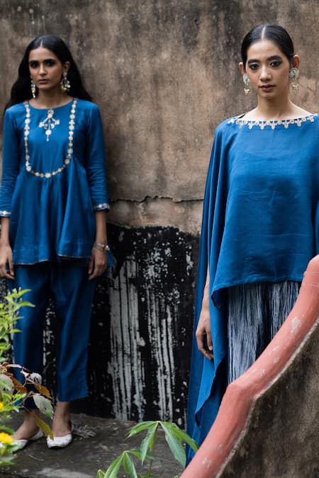Buy_Deep Thee_Blue Chanderi Floral Round Peplum Tunic And Pant Set_Online_at_Aza_Fashions