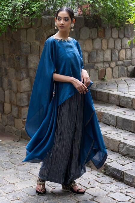 Deep Thee_Blue Chanderi, Tissue Silk Floral Round Asymmetric Kaftan And Pant Set _Online_at_Aza_Fashions