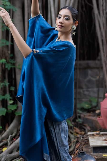 Buy_Deep Thee_Blue Chanderi, Tissue Silk Floral Round Asymmetric Kaftan And Pant Set _Online_at_Aza_Fashions