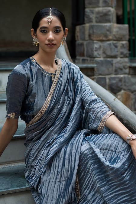 Buy_Deep Thee_Blue Tissue Silk Floral Round Embroidered Border Saree With Blouse _Online_at_Aza_Fashions