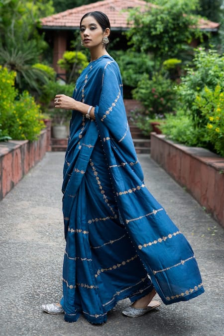 Deep Thee_Blue Silk Stripes Boat Embroidered Saree With Blouse _Online_at_Aza_Fashions