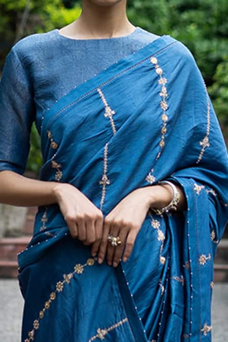 Buy_Deep Thee_Blue Silk Stripes Boat Embroidered Saree With Blouse _Online_at_Aza_Fashions