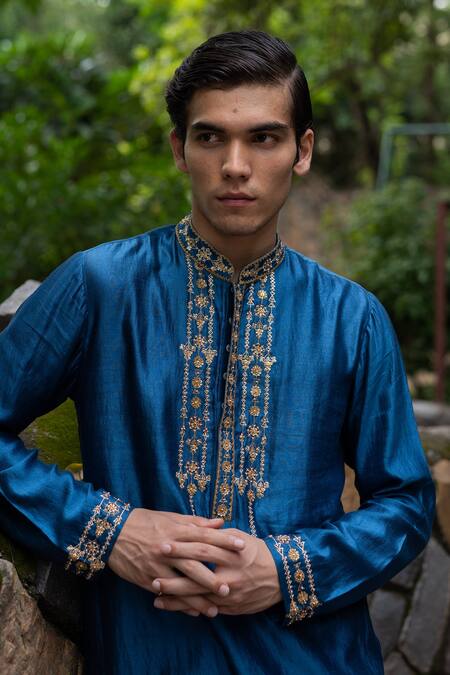 Buy_Deep Thee_Blue Silk Floral Embroidered Yoke Kurta And Churidar Set _Online_at_Aza_Fashions