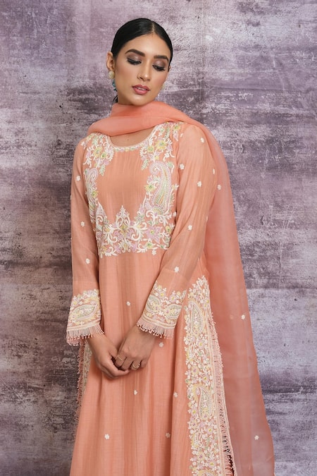 Label Niti Bothra_Peach Organza, Chanderi Dori , Resham Round Kurta Palazzo Set _Online_at_Aza_Fashions
