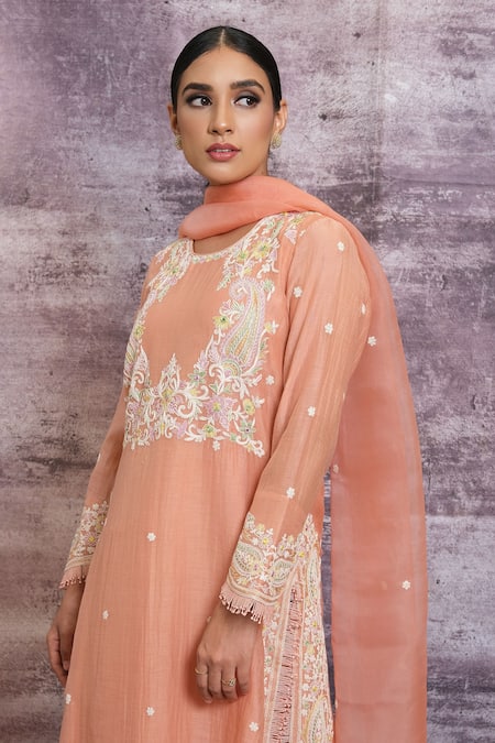 Label Niti Bothra_Peach Organza, Chanderi Dori , Resham Round Kurta Palazzo Set _at_Aza_Fashions