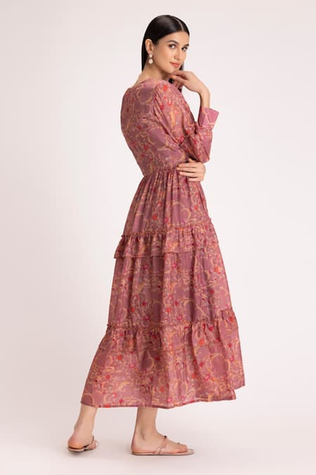 Shop Koashee By Shubitaa Brown Silk Organza Floral V Neck Print Cutout Dress at Aza Fashions Shop_Koashee By Shubitaa_Brown Silk Organza Floral V Neck Print Cutout Dress _at_Aza_Fashions