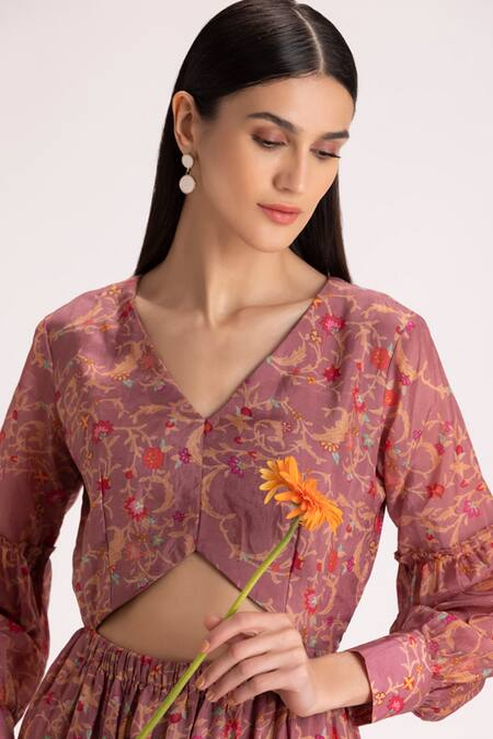 Koashee By Shubitaa Brown Silk Organza Floral V Neck Print Cutout Dress Online at Aza Fashions Koashee By Shubitaa_Brown Silk Organza Floral V Neck Print Cutout Dress _Online_at_Aza_Fashions