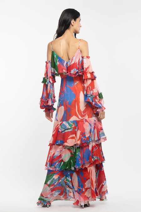 Shop Mandira Wirk Resort Red Chiffon Abstract Sweetheart Neck Printed Layered Dress at Aza Fashions Shop_Mandira Wirk Resort_Red Chiffon Abstract Sweetheart Neck Printed Layered Dress _at_Aza_Fashions