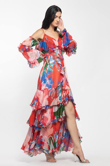 Mandira Wirk Resort Red Chiffon Abstract Sweetheart Neck Printed Layered Dress Online at Aza Fashions Mandira Wirk Resort_Red Chiffon Abstract Sweetheart Neck Printed Layered Dress _Online_at_Aza_Fashions