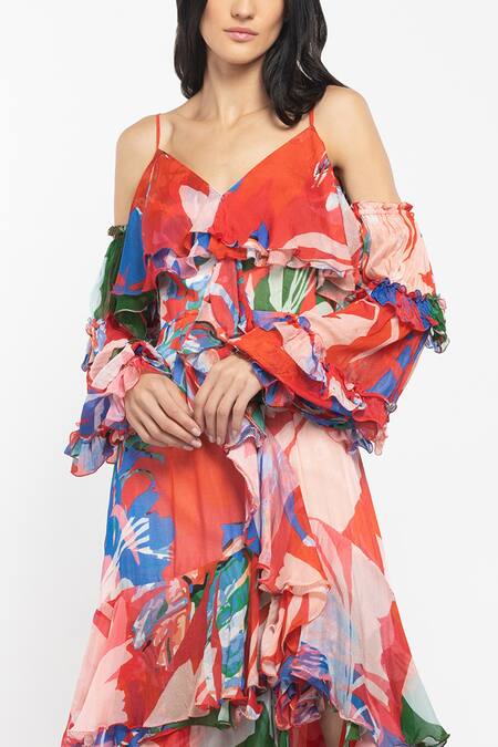 Shop Mandira Wirk Resort Red Chiffon Abstract Sweetheart Neck Printed Layered Dress Online at Aza Fashions Shop_Mandira Wirk Resort_Red Chiffon Abstract Sweetheart Neck Printed Layered Dress _Online_at_Aza_Fashions