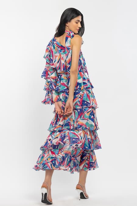 Shop Mandira Wirk Resort Blue Chiffon Geometric Print One Shoulder Midi Dress at Aza Fashions Shop_Mandira Wirk Resort_Blue Chiffon Geometric Print One Shoulder Midi Dress _at_Aza_Fashions