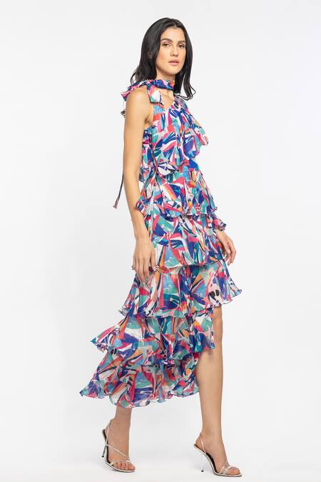 Mandira Wirk Resort Blue Chiffon Geometric Print One Shoulder Midi Dress Online at Aza Fashions Mandira Wirk Resort_Blue Chiffon Geometric Print One Shoulder Midi Dress _Online_at_Aza_Fashions
