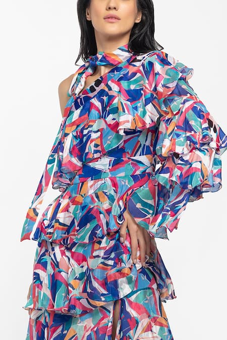 Shop Mandira Wirk Resort Blue Chiffon Geometric Print One Shoulder Midi Dress Online at Aza Fashions Shop_Mandira Wirk Resort_Blue Chiffon Geometric Print One Shoulder Midi Dress _Online_at_Aza_Fashions