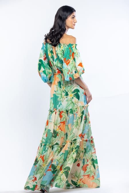 Shop Mandira Wirk Resort Green Cotton Lurex Tropical Print One Shoulder Off Dress at Aza Fashions Shop_Mandira Wirk Resort_Green Cotton Lurex Tropical Print One Shoulder Off Dress _at_Aza_Fashions