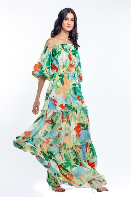 Mandira Wirk Resort Green Cotton Lurex Tropical Print One Shoulder Off Dress Online at Aza Fashions Mandira Wirk Resort_Green Cotton Lurex Tropical Print One Shoulder Off Dress _Online_at_Aza_Fashions