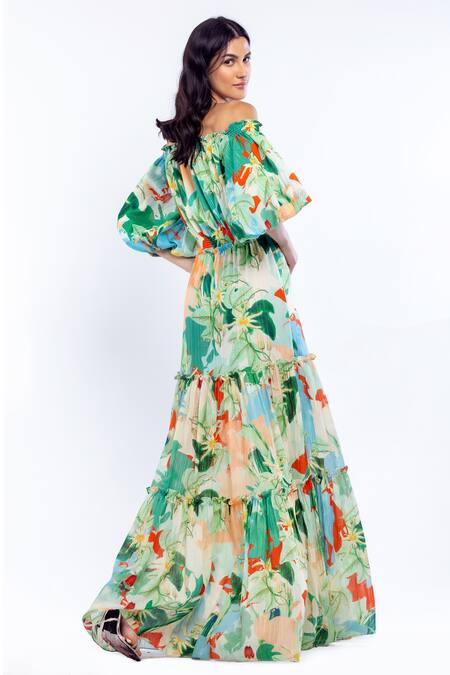Buy Mandira Wirk Resort Green Cotton Lurex Tropical Print One Shoulder Off Dress Online at Aza Fashions Buy_Mandira Wirk Resort_Green Cotton Lurex Tropical Print One Shoulder Off Dress _Online_at_Aza_Fashions