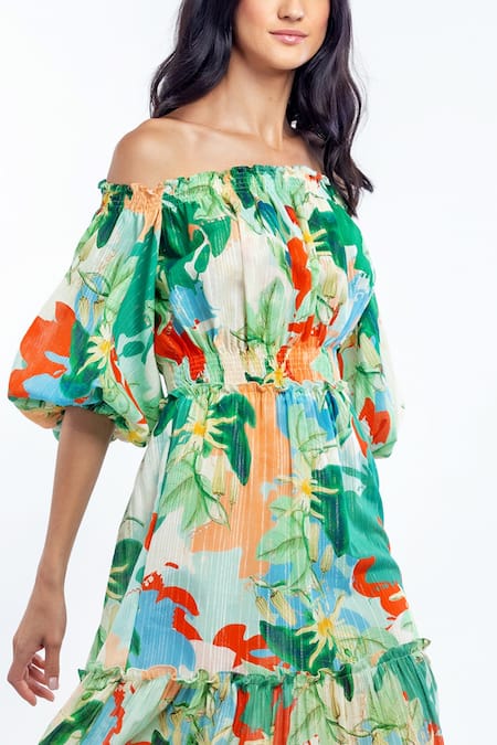 Shop Mandira Wirk Resort Green Cotton Lurex Tropical Print One Shoulder Off Dress Online at Aza Fashions Shop_Mandira Wirk Resort_Green Cotton Lurex Tropical Print One Shoulder Off Dress _Online_at_Aza_Fashions