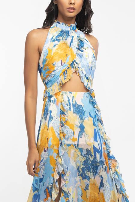 Shop_Mandira Wirk Resort_Yellow Chiffon Tropical Print Halter Dress _Online_at_Aza_Fashions