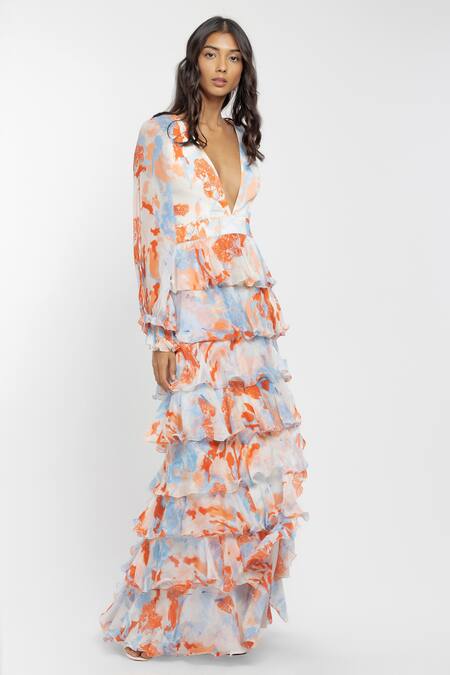 Mandira Wirk Resort White Chiffon Tropical Print V Neck Maxi Dress Online at Aza Fashions Mandira Wirk Resort_White Chiffon Tropical Print V Neck Maxi Dress _Online_at_Aza_Fashions