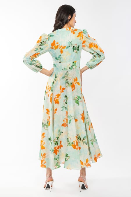 Shop Mandira Wirk Resort Blue Cotton Floral Print V Neck Dress at Aza Fashions Shop_Mandira Wirk Resort_Blue Cotton Floral Print V Neck Dress _at_Aza_Fashions