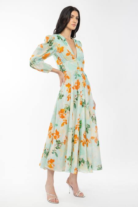 Mandira Wirk Resort Blue Cotton Floral Print V Neck Dress Online at Aza Fashions Mandira Wirk Resort_Blue Cotton Floral Print V Neck Dress _Online_at_Aza_Fashions