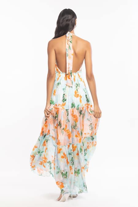 Shop Mandira Wirk Resort Peach Chiffon Floral Print Halter Dress at Aza Fashions Shop_Mandira Wirk Resort_Peach Chiffon Floral Print Halter Dress _at_Aza_Fashions