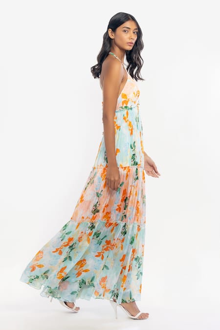 Mandira Wirk Resort Peach Chiffon Floral Print Halter Dress Online at Aza Fashions Mandira Wirk Resort_Peach Chiffon Floral Print Halter Dress _Online_at_Aza_Fashions