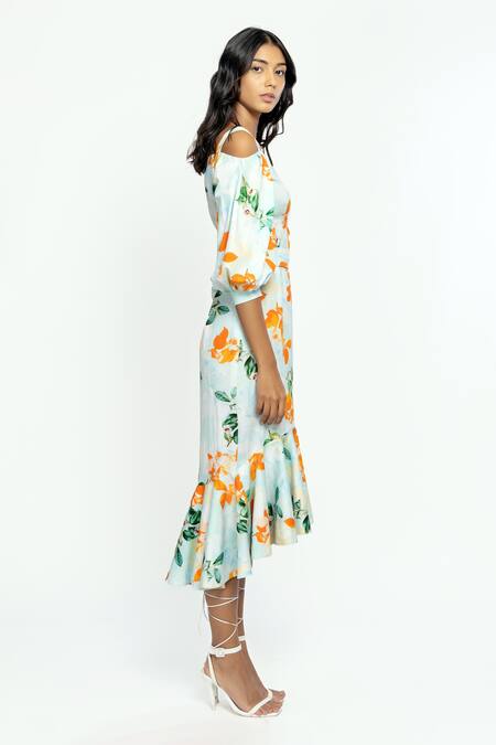 Mandira Wirk Resort_Blue Cotton Floral Print Square Neck Midi Dress _Online_at_Aza_Fashions