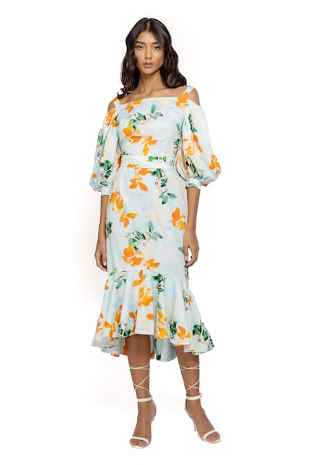 Buy_Mandira Wirk Resort_Blue Cotton Floral Print Square Neck Midi Dress _Online_at_Aza_Fashions