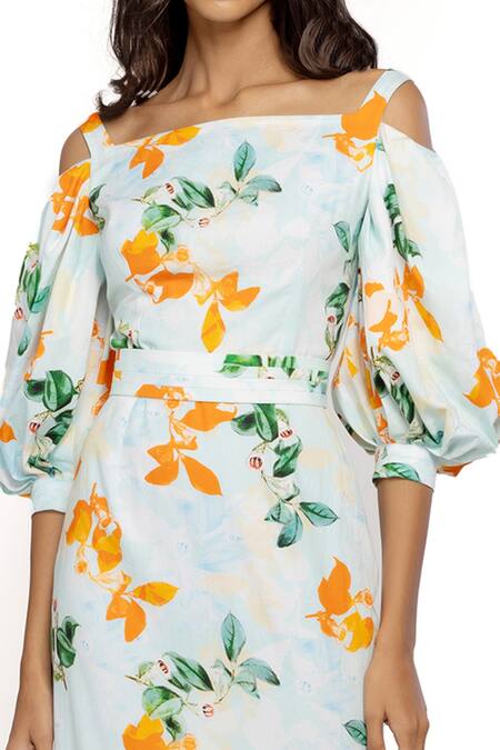 Shop_Mandira Wirk Resort_Blue Cotton Floral Print Square Neck Midi Dress _Online_at_Aza_Fashions