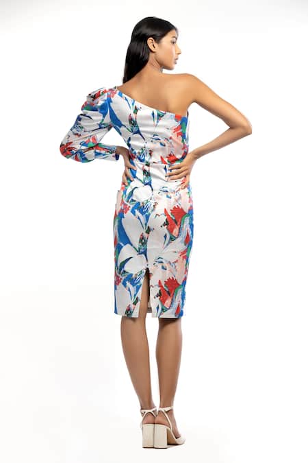 Shop Mandira Wirk Resort White Satin Abstract One Shoulder Dress at Aza Fashions Shop_Mandira Wirk Resort_White Satin Abstract One Shoulder Dress _at_Aza_Fashions