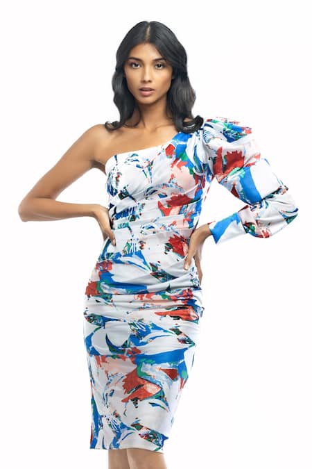 Buy Mandira Wirk Resort White Satin Abstract One Shoulder Dress Online at Aza Fashions Buy_Mandira Wirk Resort_White Satin Abstract One Shoulder Dress _Online_at_Aza_Fashions