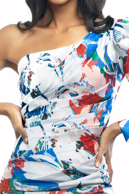 Shop Mandira Wirk Resort White Satin Abstract One Shoulder Dress Online at Aza Fashions Shop_Mandira Wirk Resort_White Satin Abstract One Shoulder Dress _Online_at_Aza_Fashions