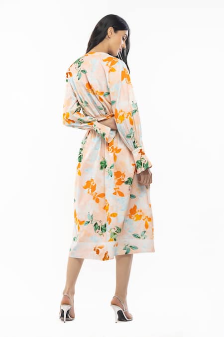 Shop Mandira Wirk Resort Peach Cotton Floral Print V Neck Shirt Dress at Aza Fashions Shop_Mandira Wirk Resort_Peach Cotton Floral Print V Neck Shirt Dress _at_Aza_Fashions