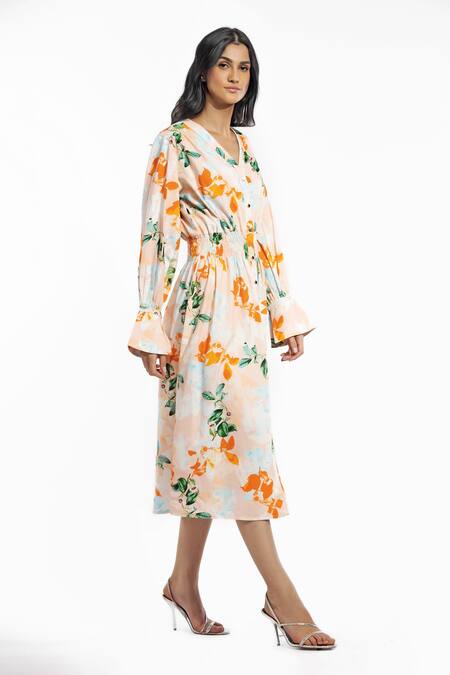 Mandira Wirk Resort Peach Cotton Floral Print V Neck Shirt Dress Online at Aza Fashions Mandira Wirk Resort_Peach Cotton Floral Print V Neck Shirt Dress _Online_at_Aza_Fashions