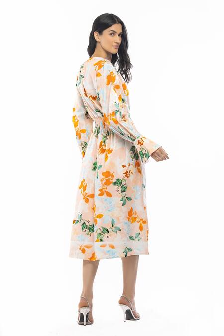 Shop Mandira Wirk Resort Peach Cotton Floral Print V Neck Shirt Dress Online at Aza Fashions Shop_Mandira Wirk Resort_Peach Cotton Floral Print V Neck Shirt Dress _Online_at_Aza_Fashions
