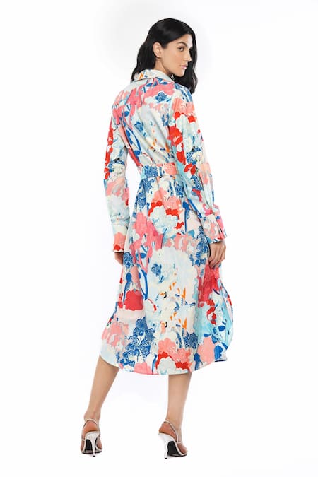 Shop Mandira Wirk Resort Blue Cotton Tropical Print Collared Neck Abstract Shirt Dress at Aza Fashions Shop_Mandira Wirk Resort_Blue Cotton Tropical Print Collared Neck Abstract Shirt Dress _at_Aza_Fashions