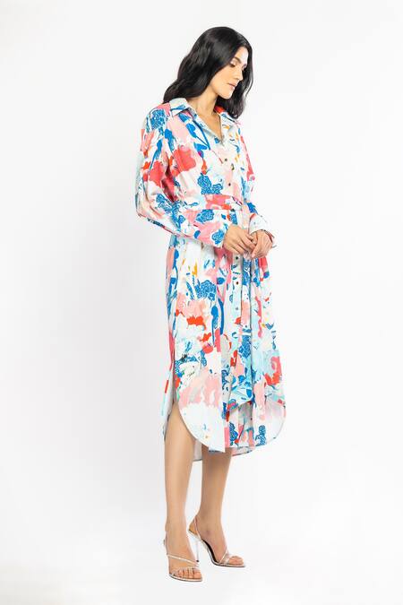 Mandira Wirk Resort Blue Cotton Tropical Print Collared Neck Abstract Shirt Dress Online at Aza Fashions Mandira Wirk Resort_Blue Cotton Tropical Print Collared Neck Abstract Shirt Dress _Online_at_Aza_Fashions