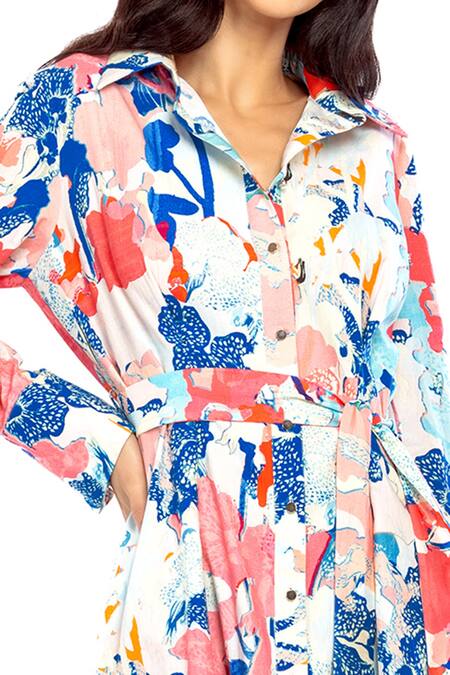 Shop Mandira Wirk Resort Blue Cotton Tropical Print Collared Neck Abstract Shirt Dress Online at Aza Fashions Shop_Mandira Wirk Resort_Blue Cotton Tropical Print Collared Neck Abstract Shirt Dress _Online_at_Aza_Fashions