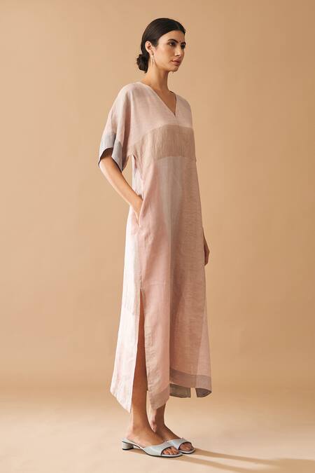 Manan_Pink Insha Handloom Linen Kaftan Dress_Online_at_Aza_Fashions