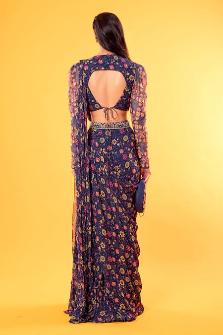 Shop Diyarajvvir Blue Tulle, Georgette High Neck Floral Print Pre-draped Gharara Saree Set at Aza Fashions Shop_Diyarajvvir_Blue Tulle, Georgette High Neck Floral Print Pre-draped Gharara Saree Set _at_Aza_Fashions