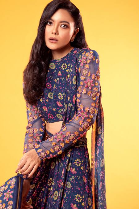 Diyarajvvir Blue Tulle, Georgette High Neck Floral Print Pre-draped Gharara Saree Set Online at Aza Fashions Diyarajvvir_Blue Tulle, Georgette High Neck Floral Print Pre-draped Gharara Saree Set _Online_at_Aza_Fashions