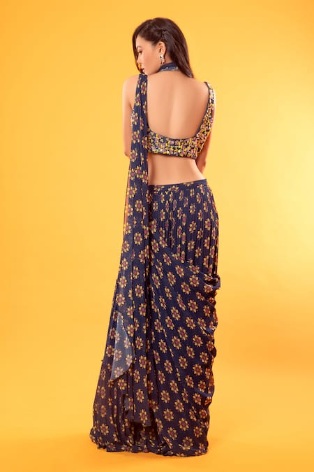 Shop_Diyarajvvir_Blue Georgette, Cotton Silk Scoop Neck Floral Print Pre-draped Saree Set _at_Aza_Fashions