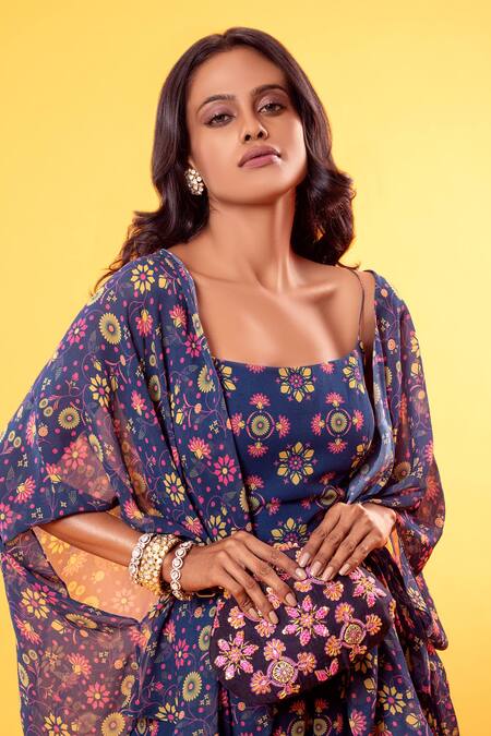 Diyarajvvir_Blue Georgette Square Neck Printed Jumpsuit With Jacket  _Online_at_Aza_Fashions