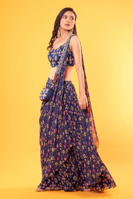 DiyaRajvvir Floral Print Pre-Draped Saree Set 