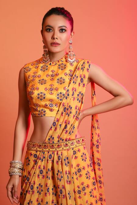 Diyarajvvir_Yellow Georgette, Modal Round Floral Print Pre-draped Sharara Saree Set _Online_at_Aza_Fashions
