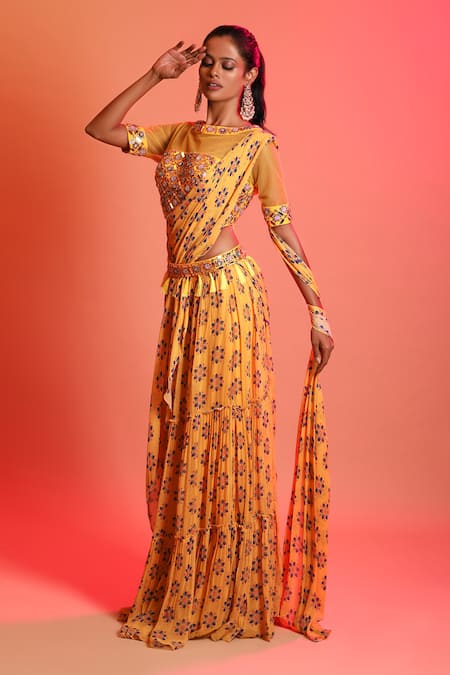 Diyarajvvir Floral Print Pre-Draped Saree Set 
