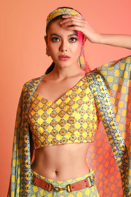 Diyarajvvir_Yellow Georgette, Modal V Neck Printed Cape And Sharara Set _Online_at_Aza_Fashions